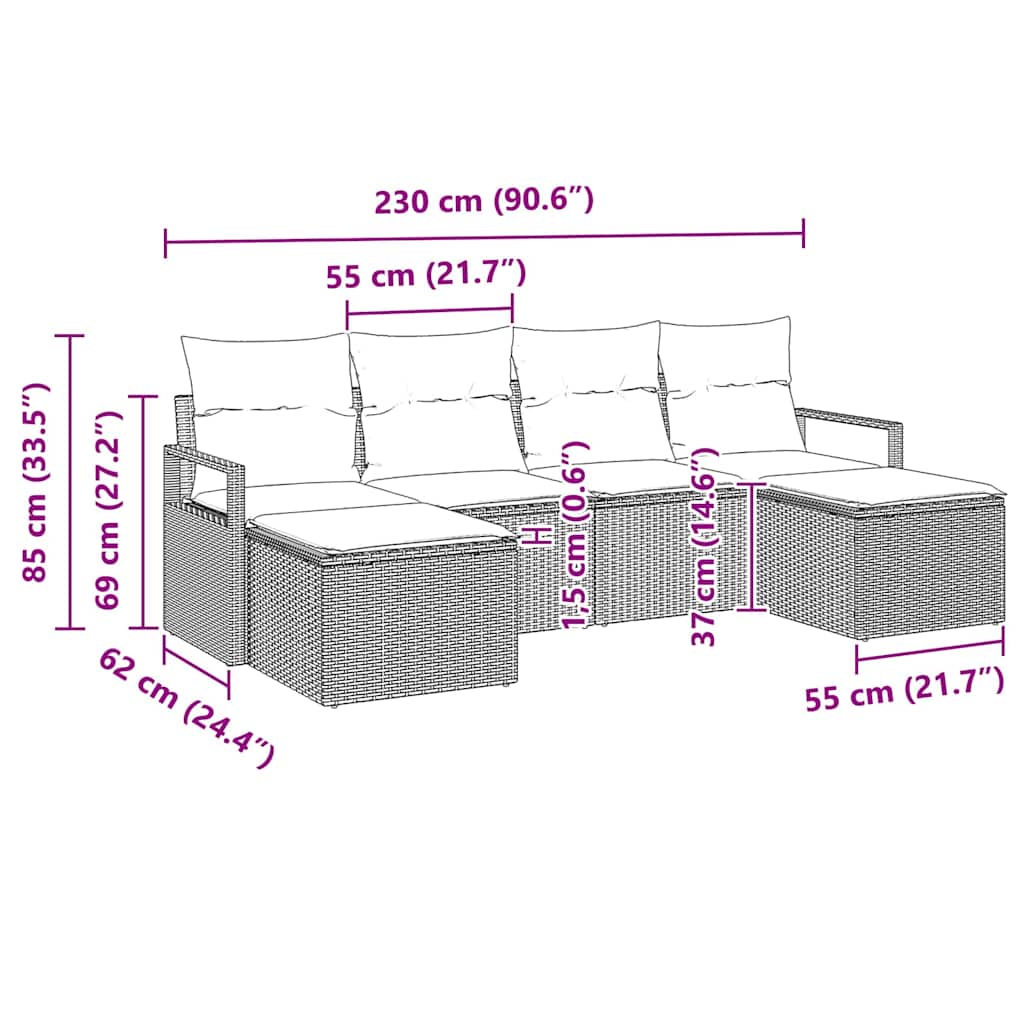 Sofa Set mit Kissen 6 pcs Braun Poly Rattan