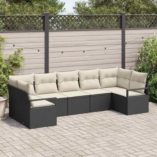 Sofa Set mit Kissen 7 pcs Schwarz Poly Rattan