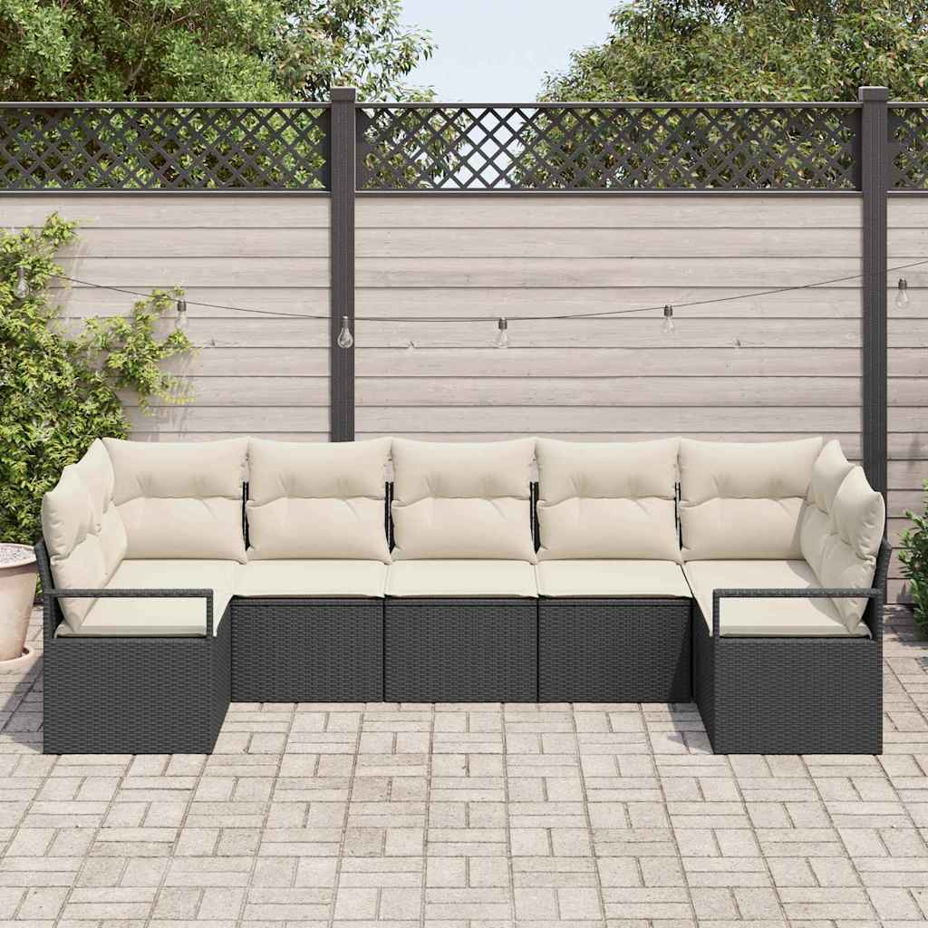 Sofa Set mit Kissen 7 pcs Schwarz Poly Rattan