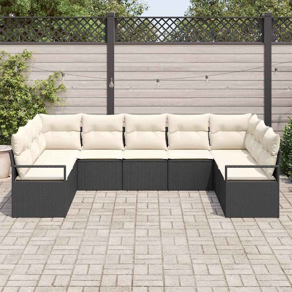 Sofa Set mit Kissen 9 pcs Schwarz Poly Rattan