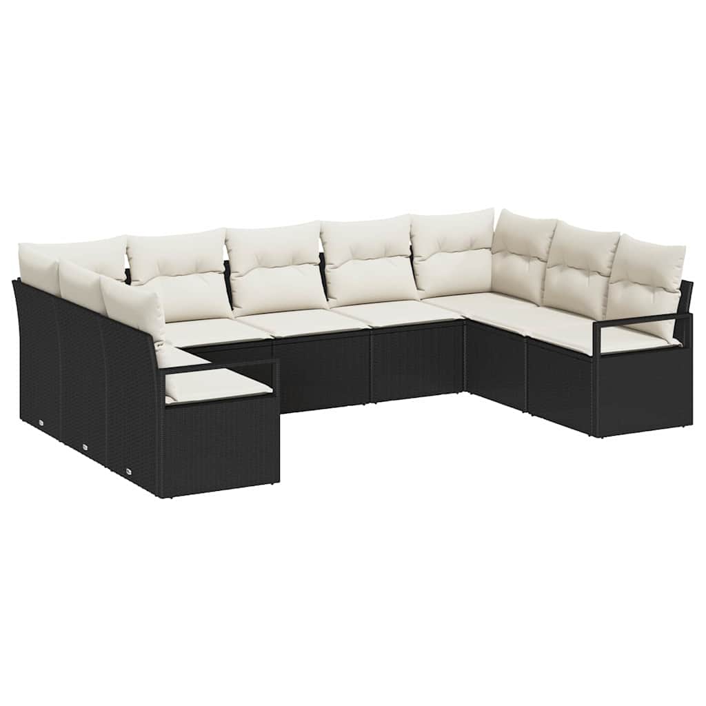 Sofa Set mit Kissen 9 pcs Schwarz Poly Rattan