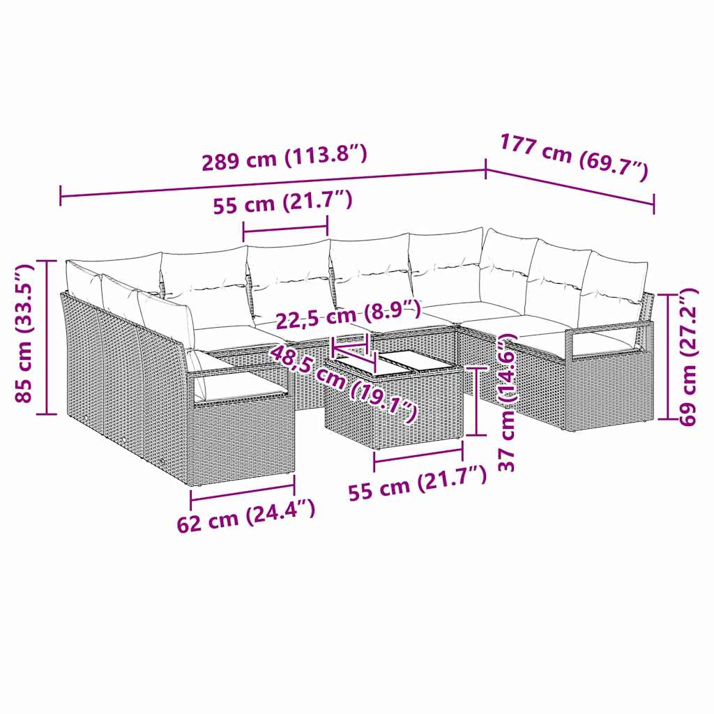 Sofa Set mit Kissen 10 pcs Schwarz Poly-Rattan