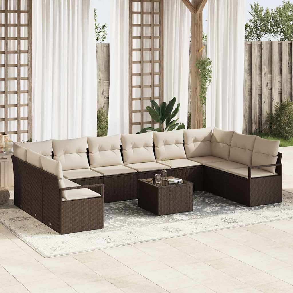 Sofa Set mit Kissen 11 pcs Braun Poly Rattan