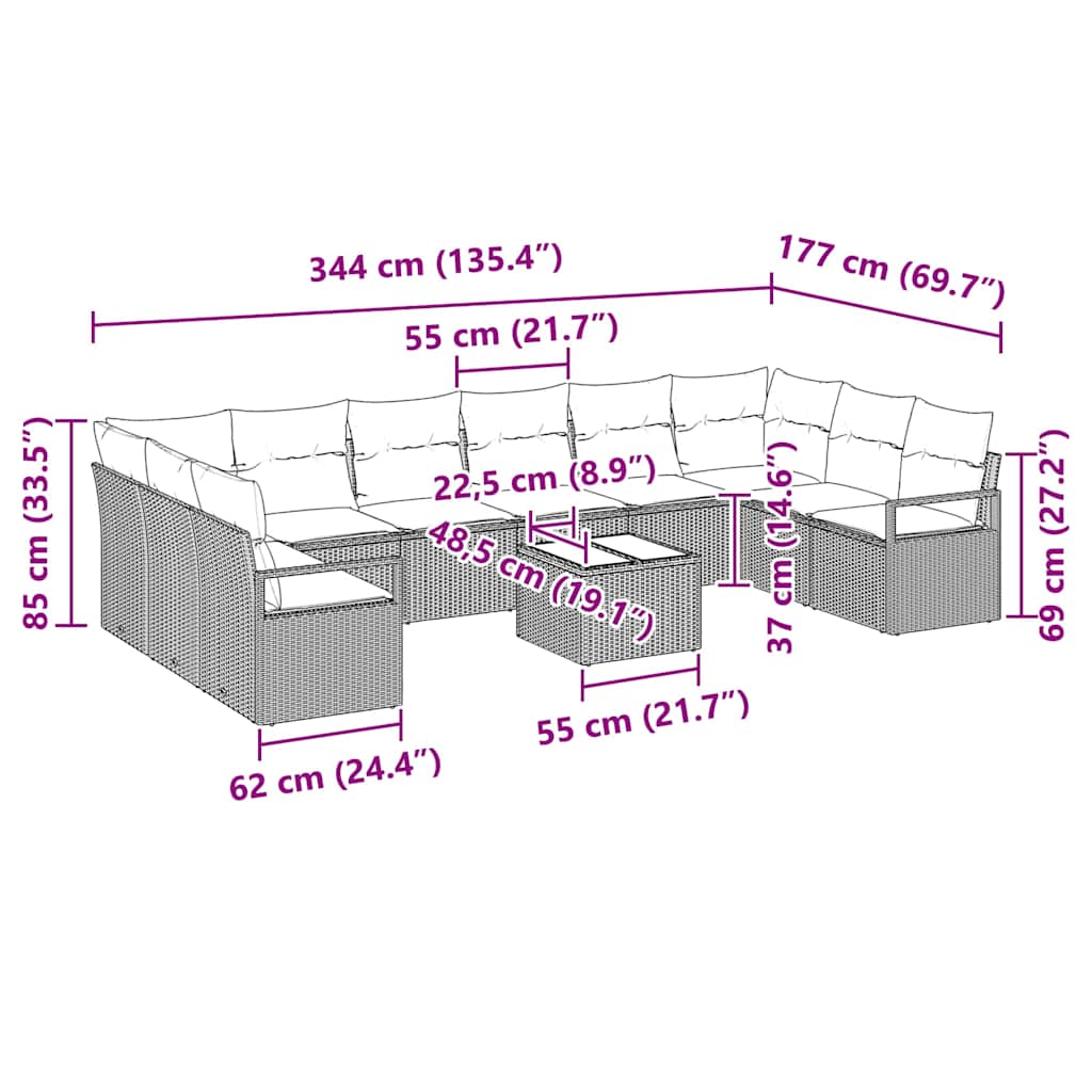 Garten-Sofa-Set 11 pcs Schwarz Poly Rattan