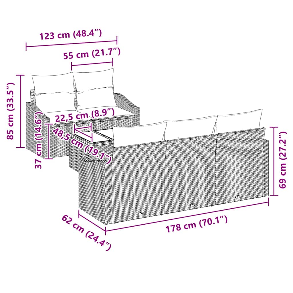 Garten-Sofa-Set 6 pcs Schwarz und Creme 55 x 55 x 37 cm
