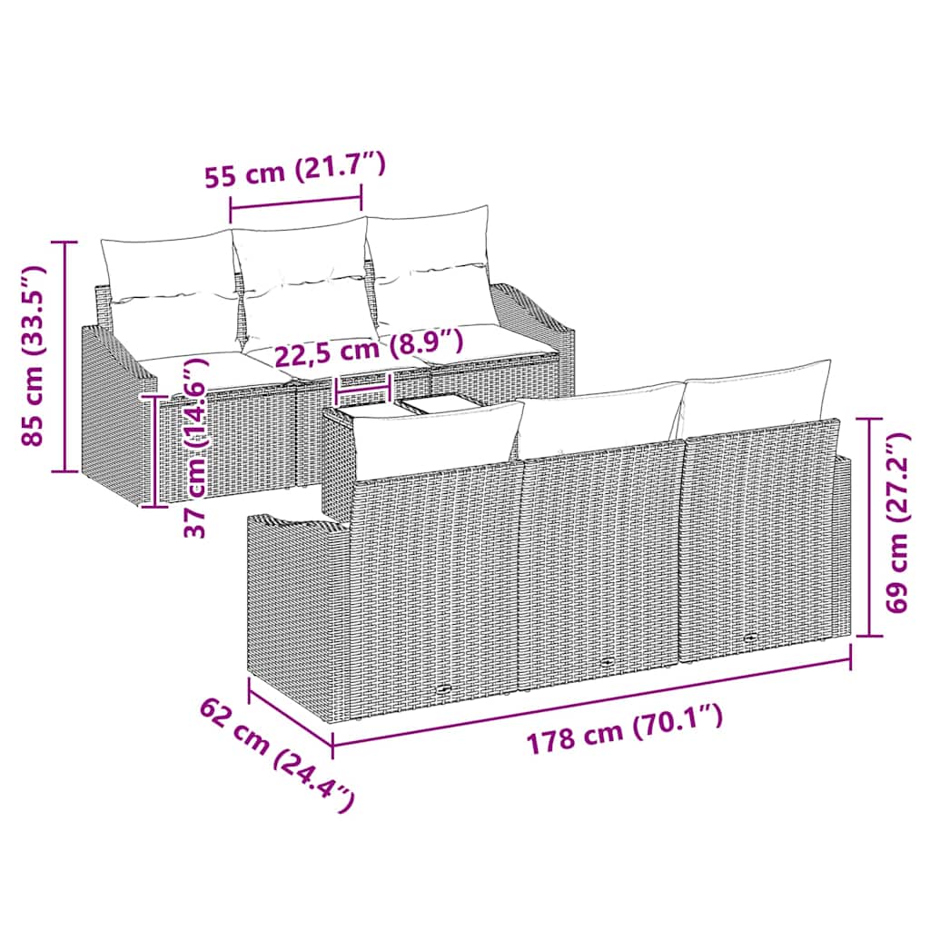 Sofa Set mit Kissen 7 pcs Schwarz und Creme Poly-Rattan