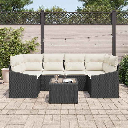 Sofa Set mit Kissen 7 pcs Schwarz und Creme Poly-Rattan