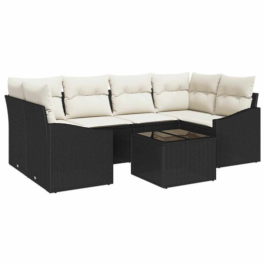 Sofa Set mit Kissen 7 pcs Schwarz und Creme Poly-Rattan