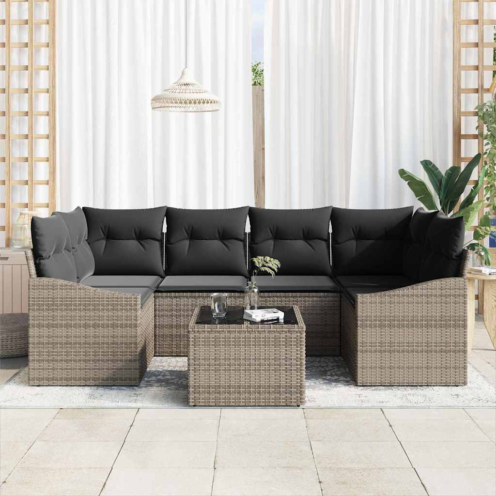 Sofa Set mit Kissen mit Kissen 7 pcs Grau Poly-Rattan