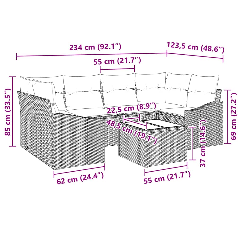 Sofa Set mit Kissen mit Kissen 7 pcs Grau Poly-Rattan