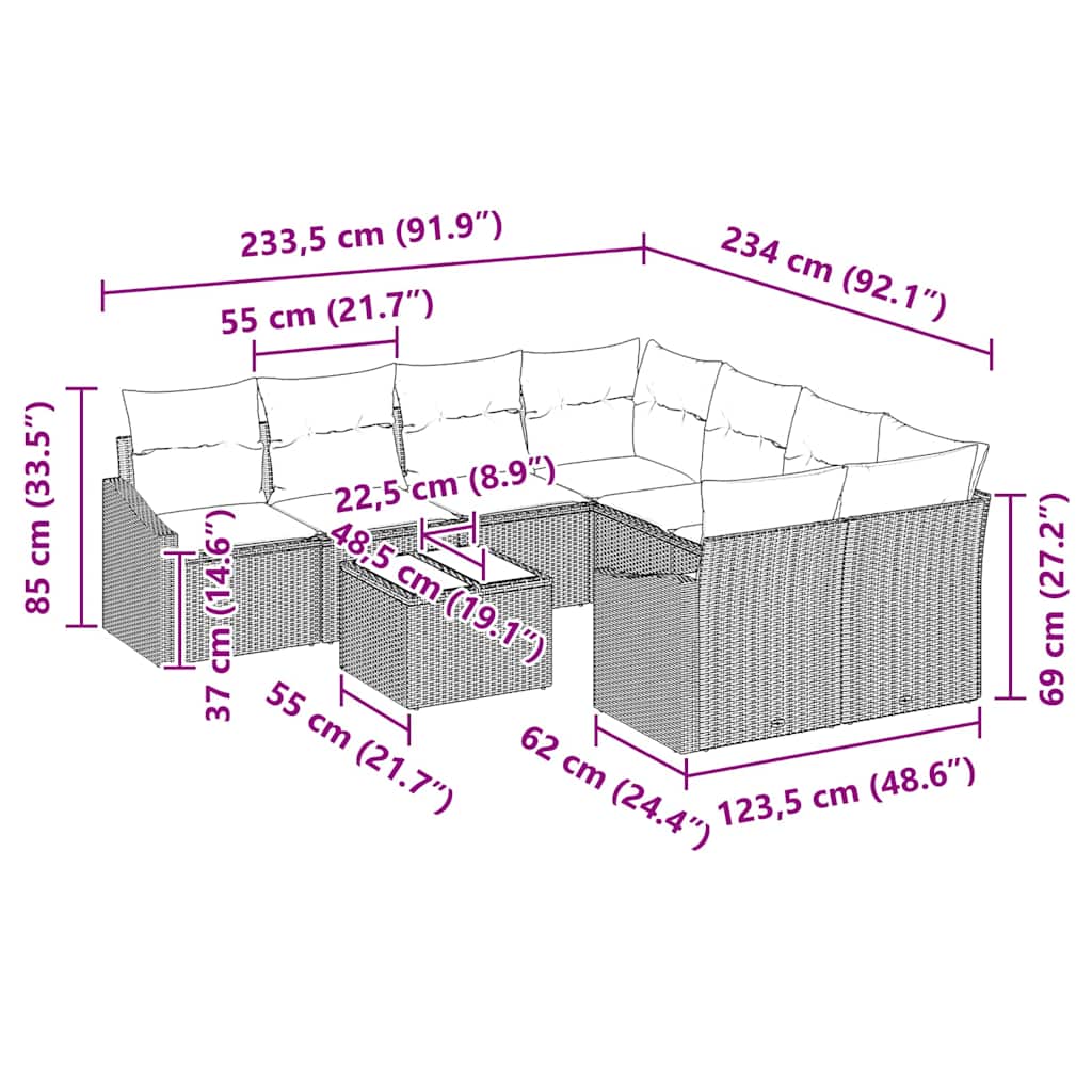 Garten-Sofa-Set 9 pcs Schwarz und Creme 55 x 55 x 37 cm