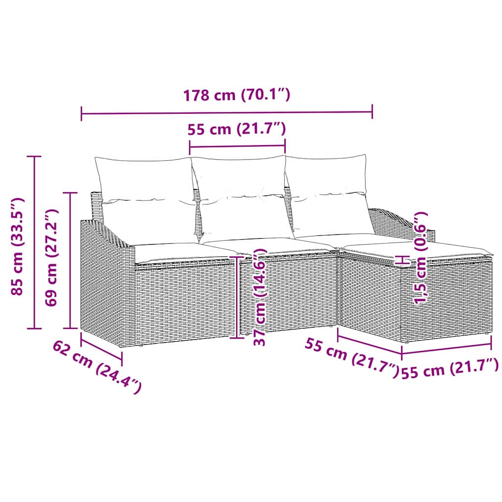 Sofa Set mit Kissen 4 pcs Schwarz Poly-Rattan