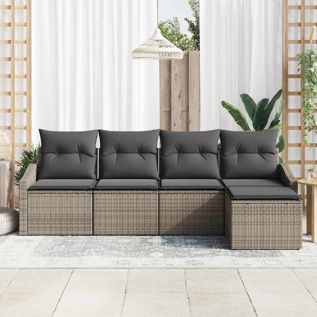 Sofa Set mit Kissen 5 pcs Grau Poly Rattan