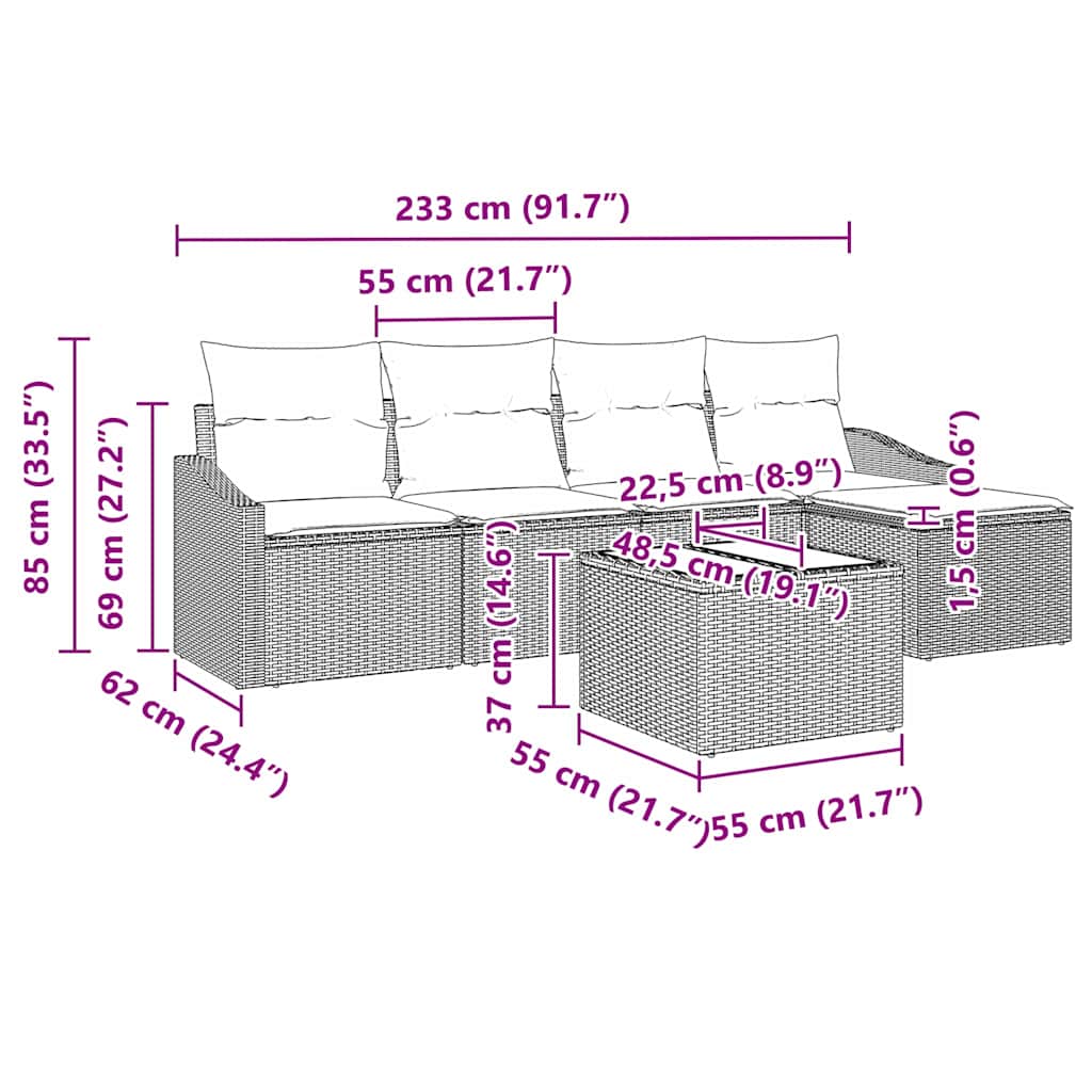 Sofa Set mit Kissen 6 pcs Schwarz Poly Rattan
