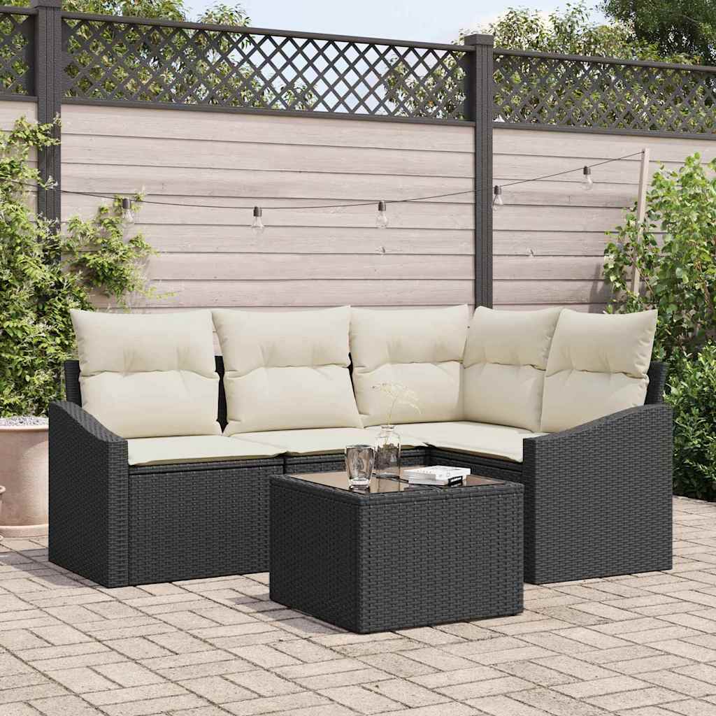 Sofa Set mit Kissen 5 pcs Schwarz Poly-Rattan