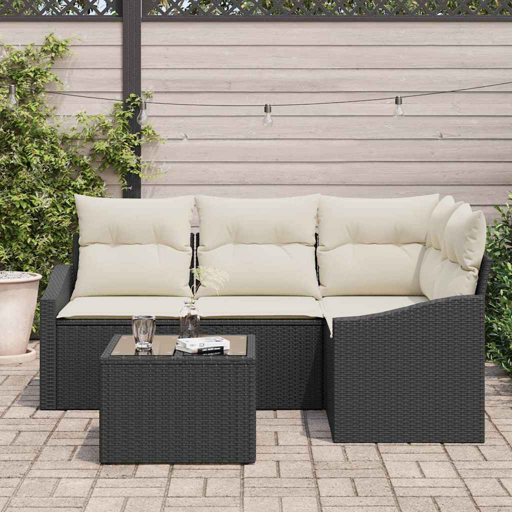 Sofa Set mit Kissen 5 pcs Schwarz Poly-Rattan