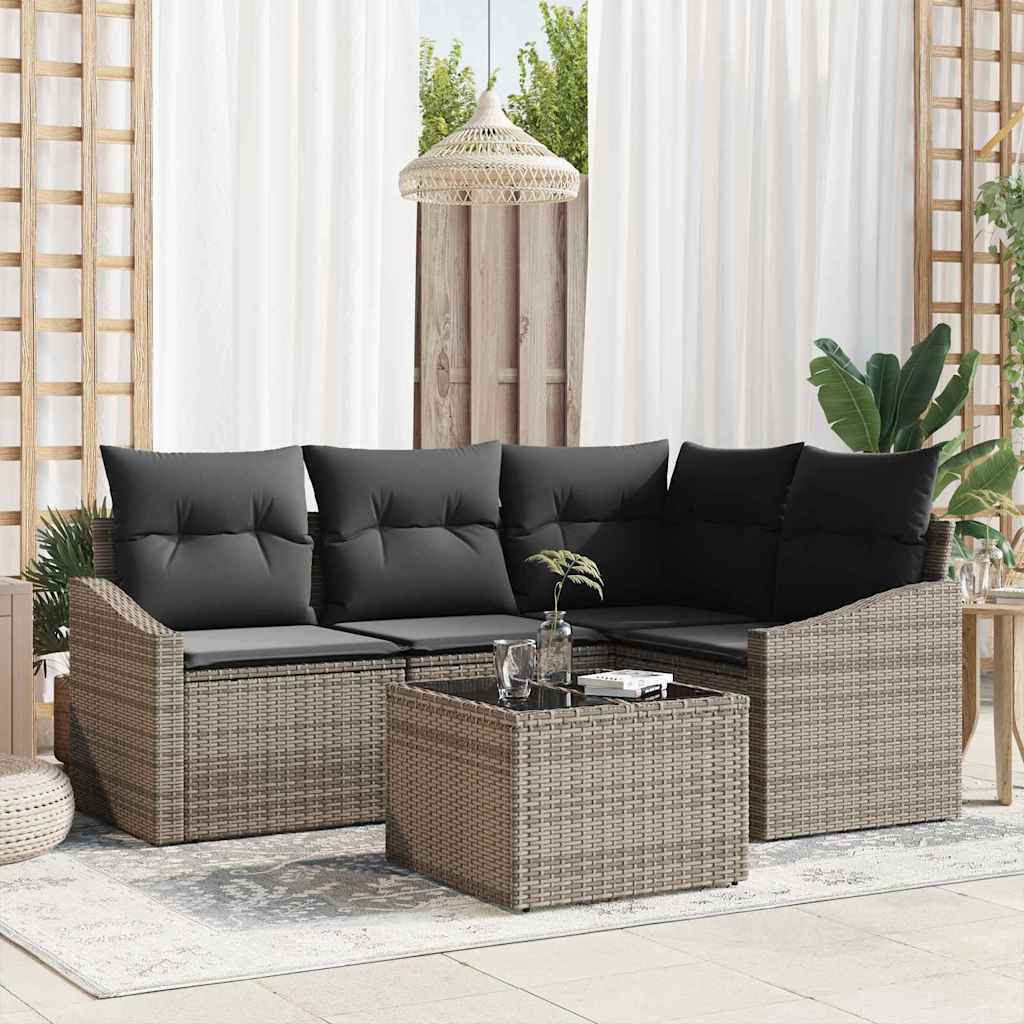 Sofa Set mit Kissen 5 pcs Grau Poly-Rattan