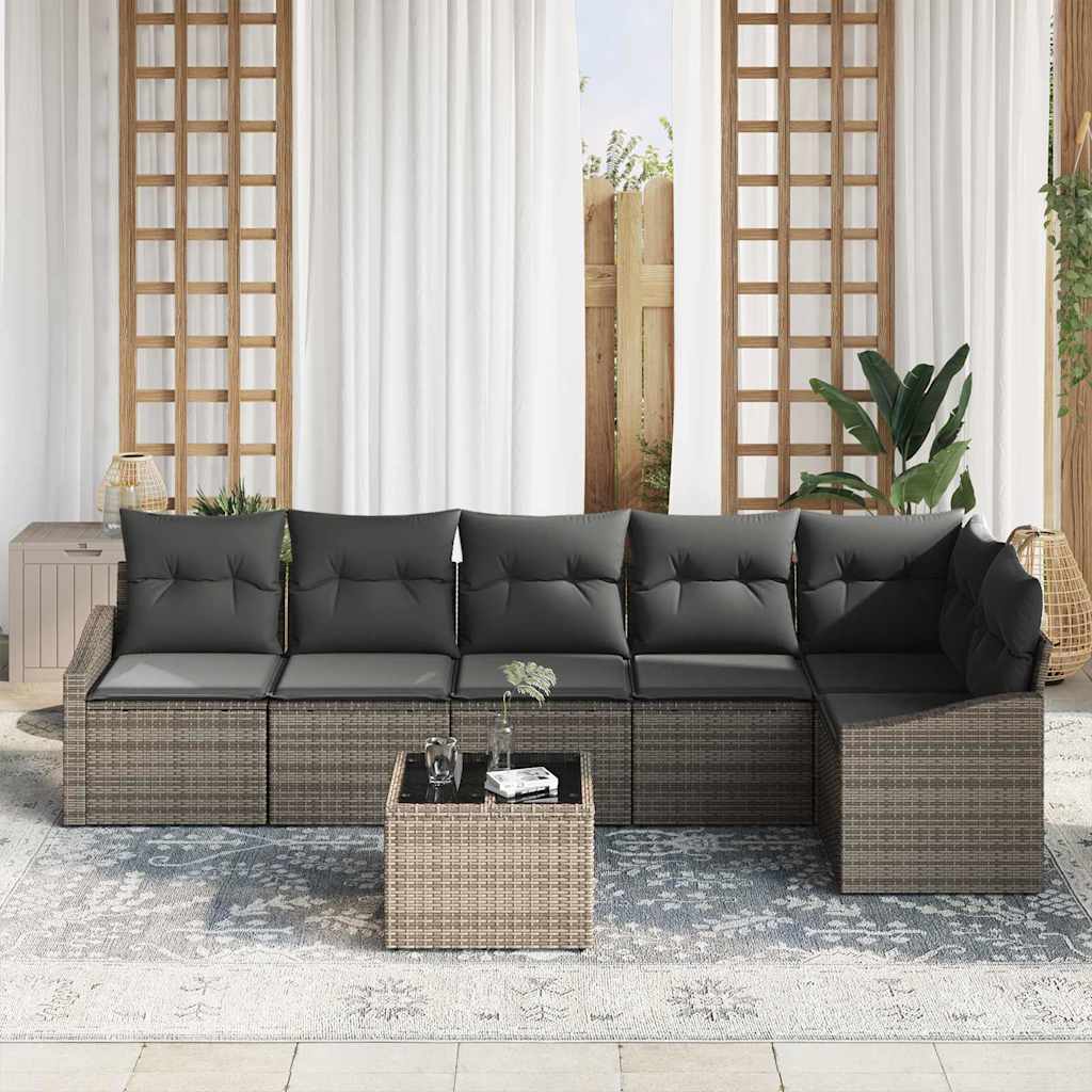 Sofa Set mit Kissen 7 pcs Grau Poly-Rattan