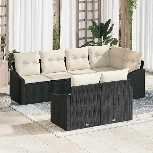 Sofa Set mit Kissen 7 pcs Schwarz Poly Rattan