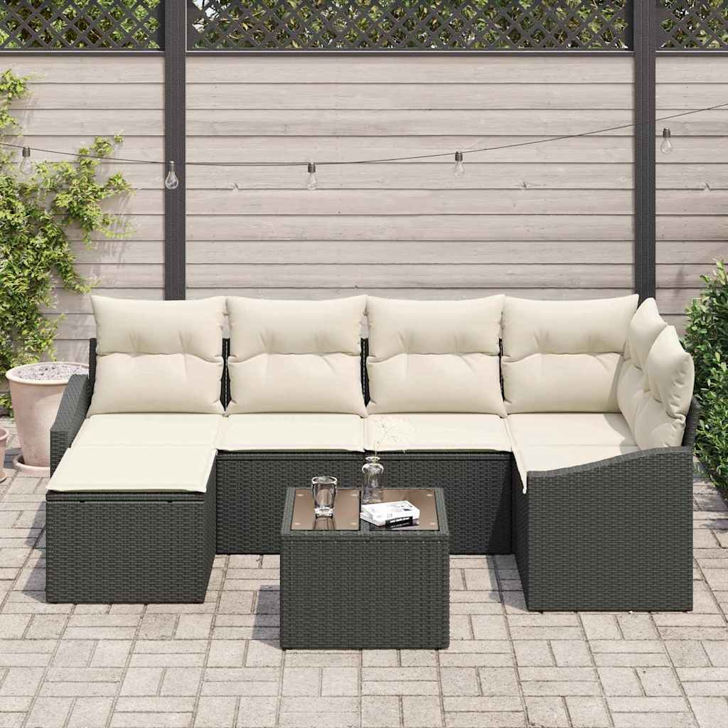 Sofa Set mit Kissen 7 pcs Schwarz Poly Rattan