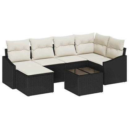 Sofa Set mit Kissen 7 pcs Schwarz Poly Rattan