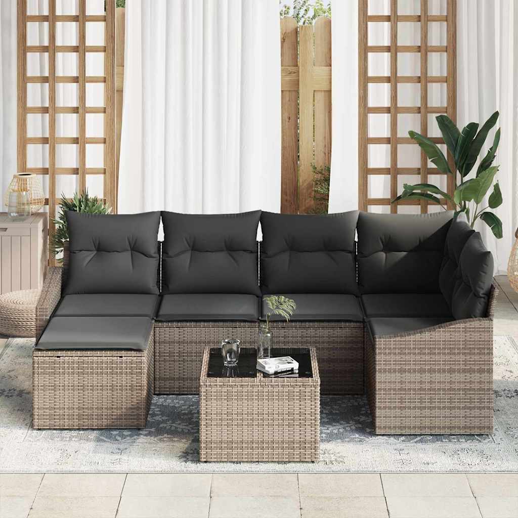 Sofa Set mit Kissen 7 pcs Grau Poly Rattan