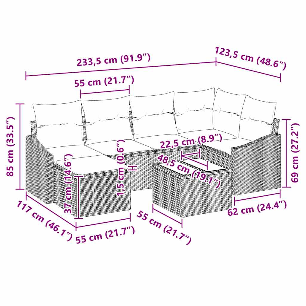 Sofa Set mit Kissen 7 pcs Grau Poly Rattan