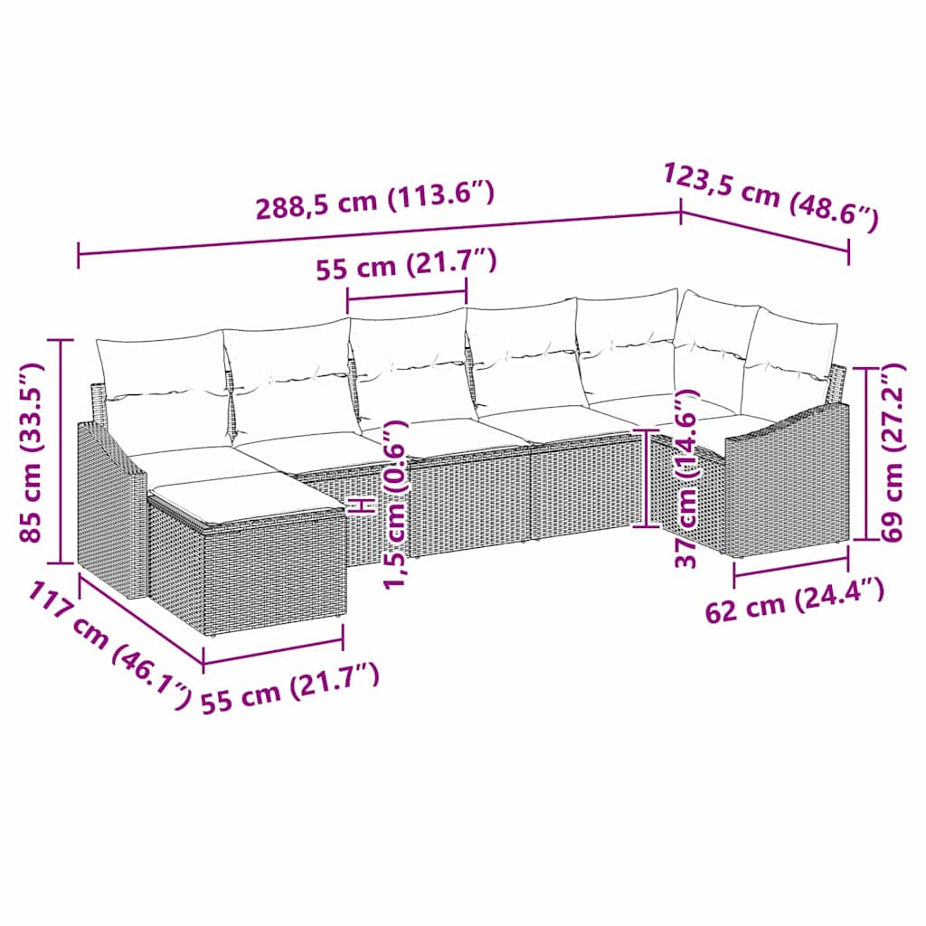 Sofa Set mit Kissen 7 pcs Schwarz Poly Rattan