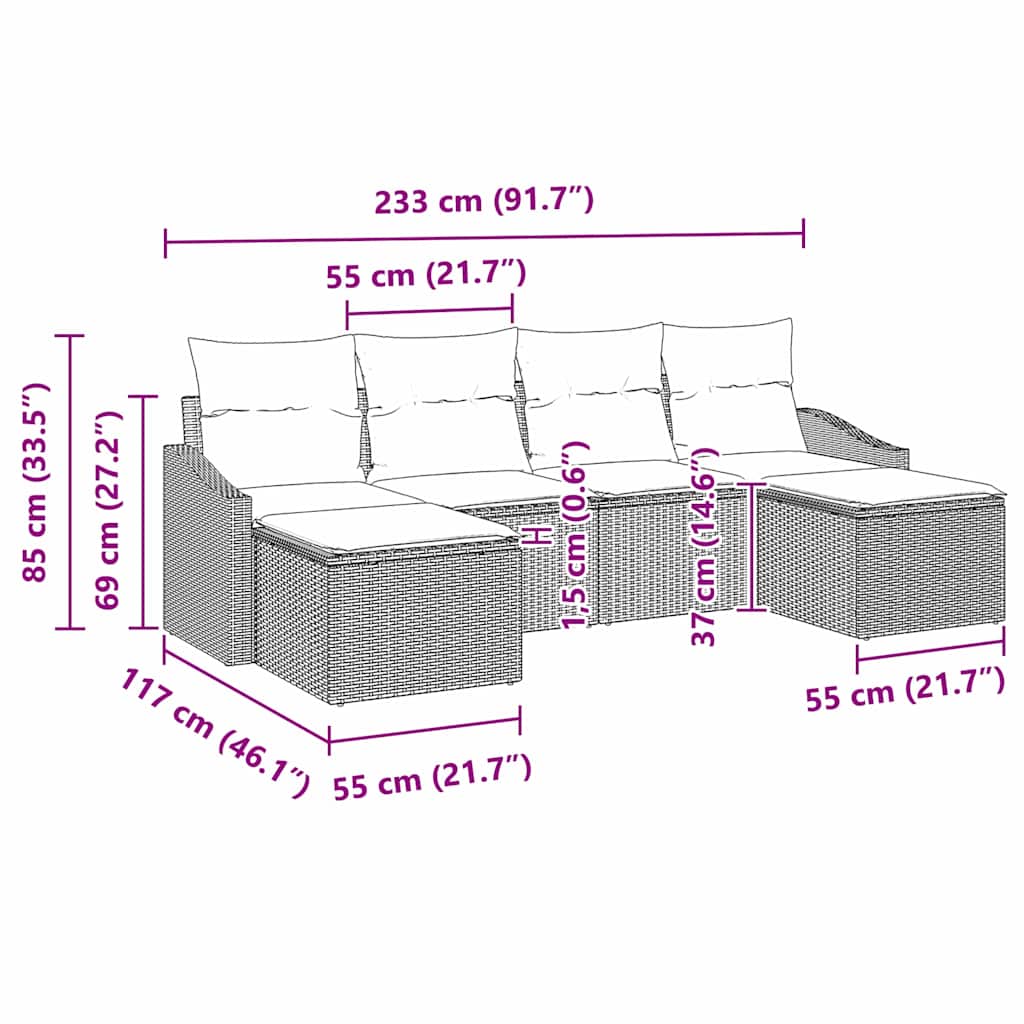 Sofa Set mit Kissen 6 pcs Grau Poly Rattan