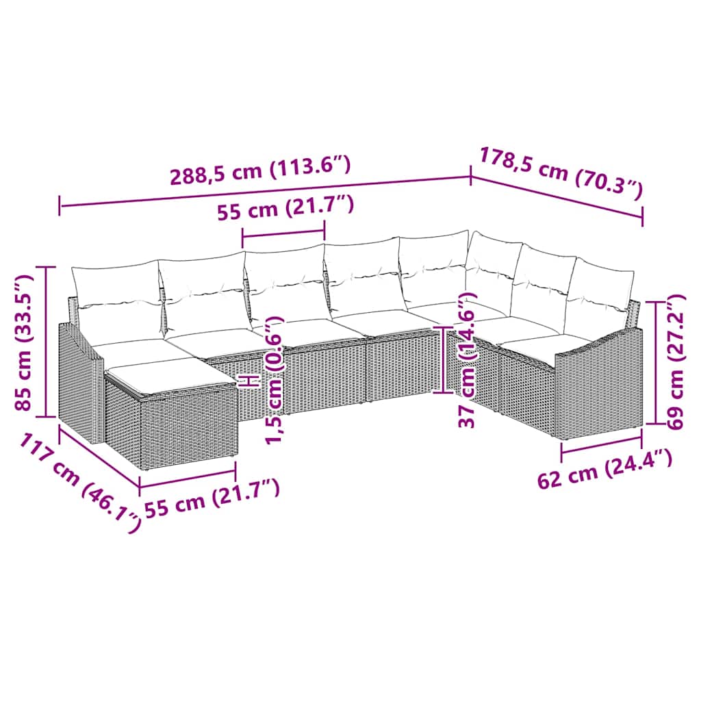 Sofa Set mit Kissen 8 pcs Schwarz Poly-Rattan