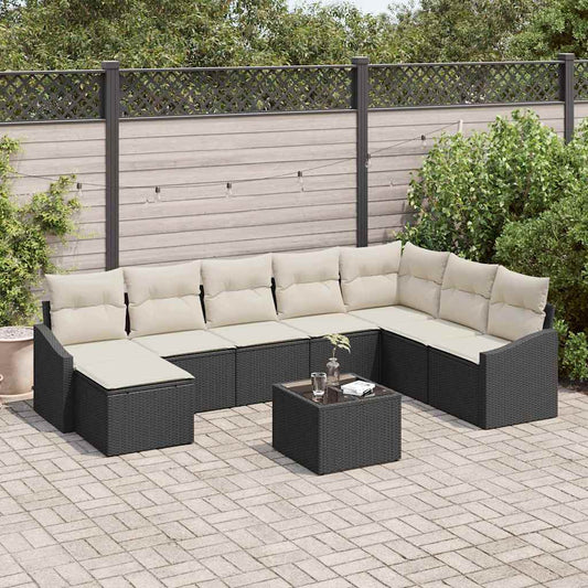 Sofa Set mit Kissen 9 pcs Schwarz Poly-Rattan