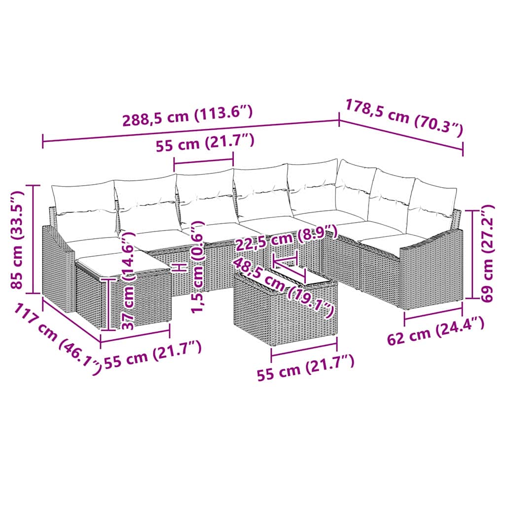 Sofa Set mit Kissen 9 pcs Schwarz Poly-Rattan