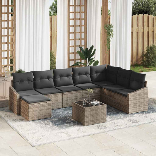 Sofa Set mit Kissen 9 pcs Grau Poly Rattan