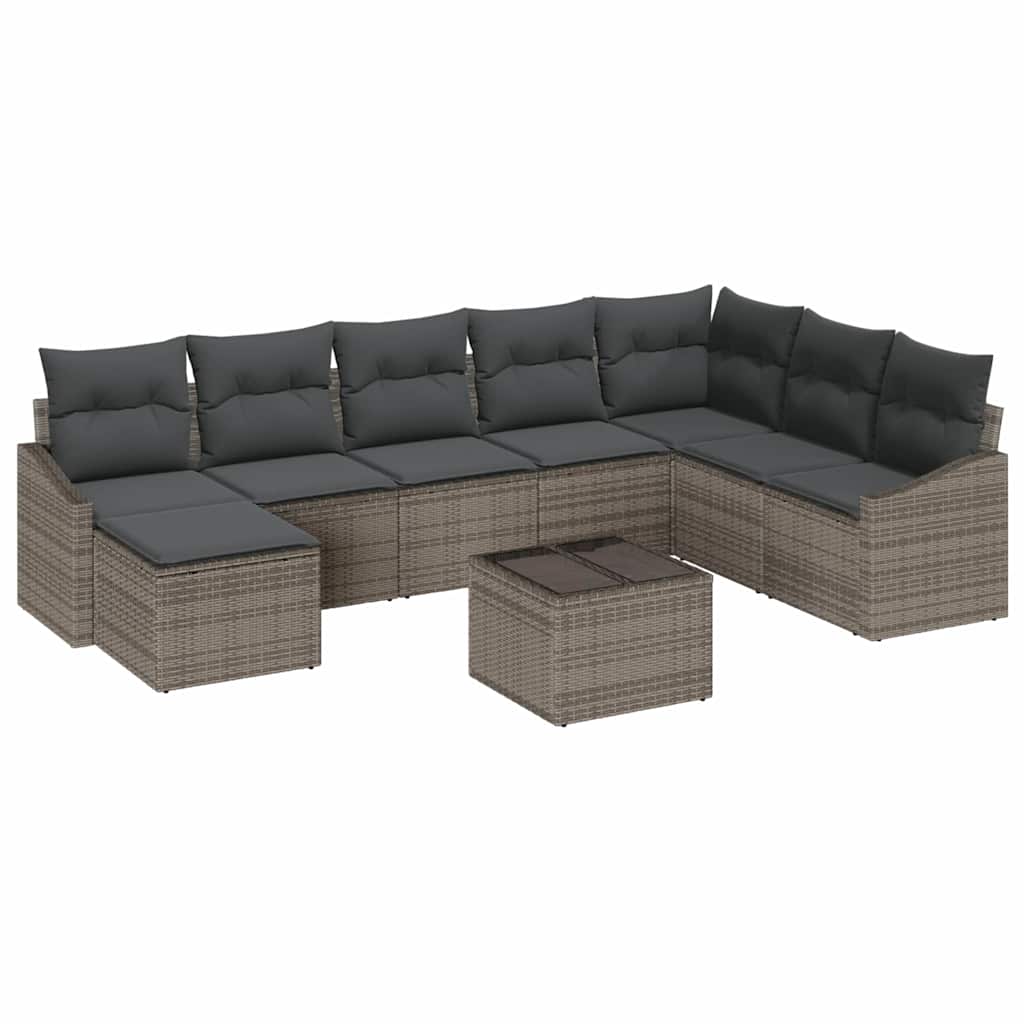 Sofa Set mit Kissen 9 pcs Grau Poly Rattan