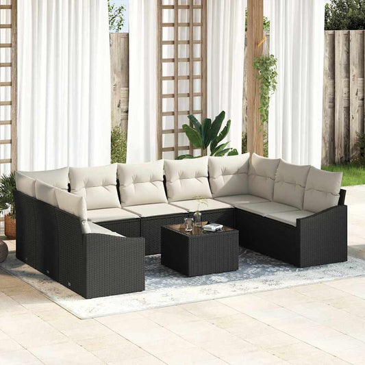 Sofa Set mit Kissen 10 pcs Schwarz Poly Rattan