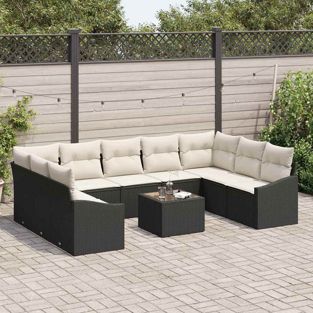 Sofa Set mit Kissen 10 pcs Schwarz Poly Rattan