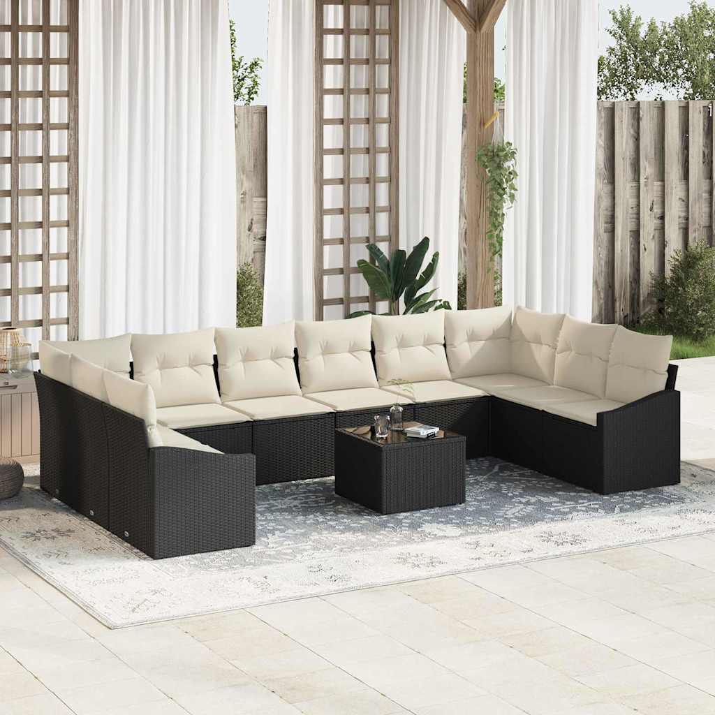 Sofa Set mit Kissen 11 pcs Schwarz Poly Rattan