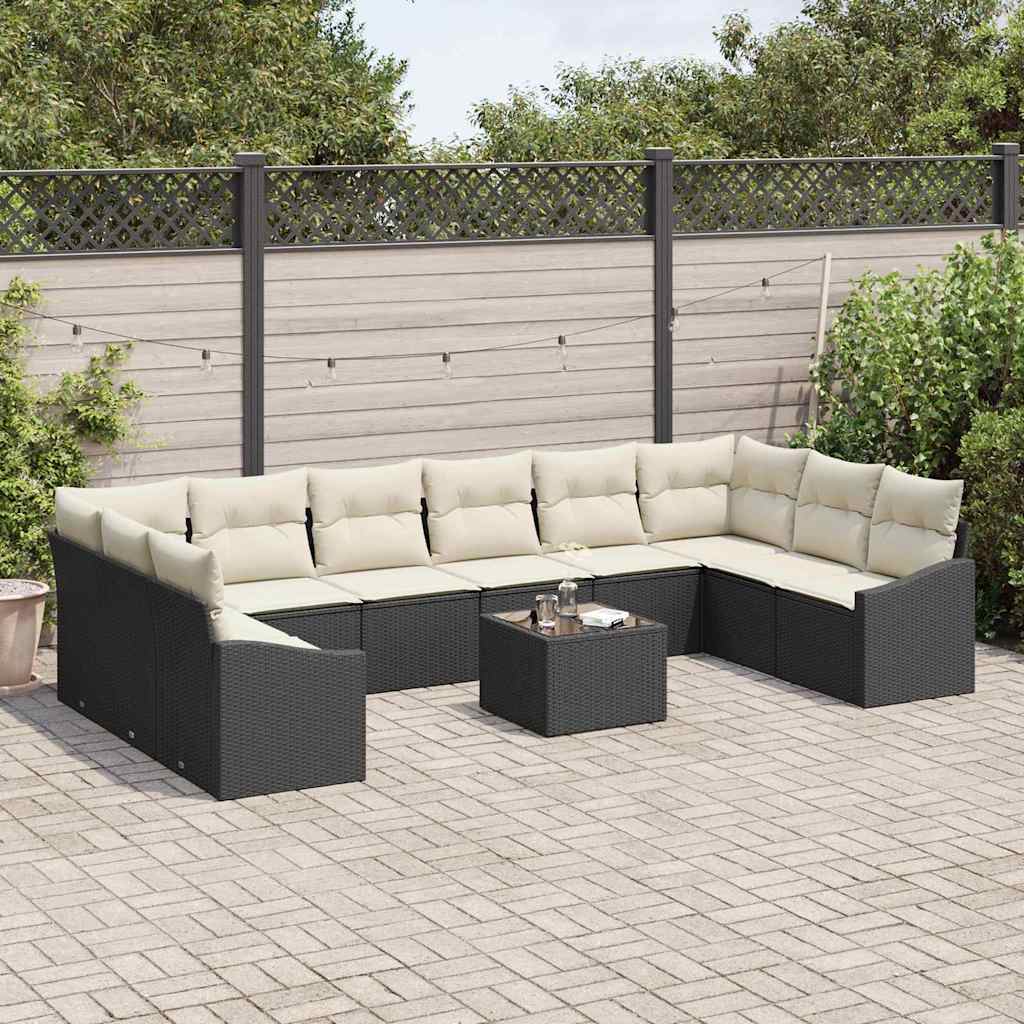 Sofa Set mit Kissen 11 pcs Schwarz Poly Rattan
