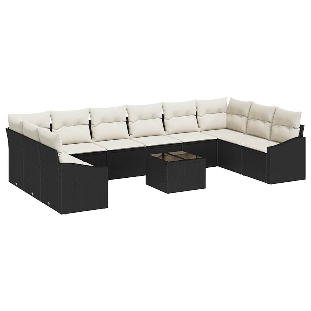 Sofa Set mit Kissen 11 pcs Schwarz Poly Rattan
