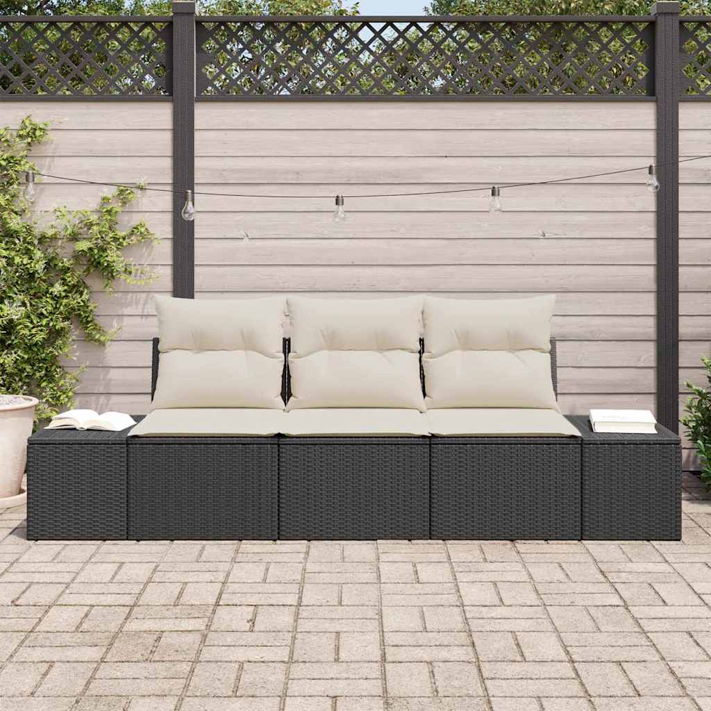 Sofa Set mit Kissen 3 pcs Schwarz Poly-Rattan