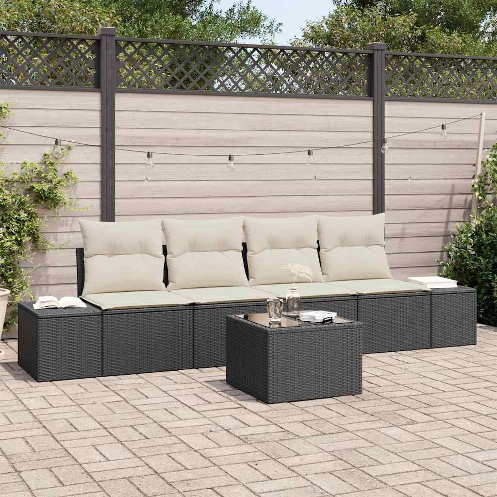 Sofa Set mit Kissen 5 pcs Schwarz und Creme Poly-Rattan