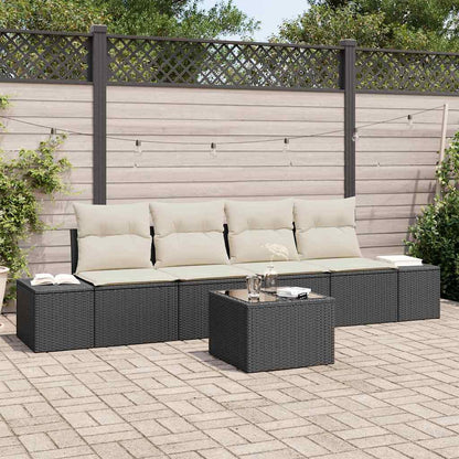 Sofa Set mit Kissen 5 pcs Schwarz und Creme Poly-Rattan