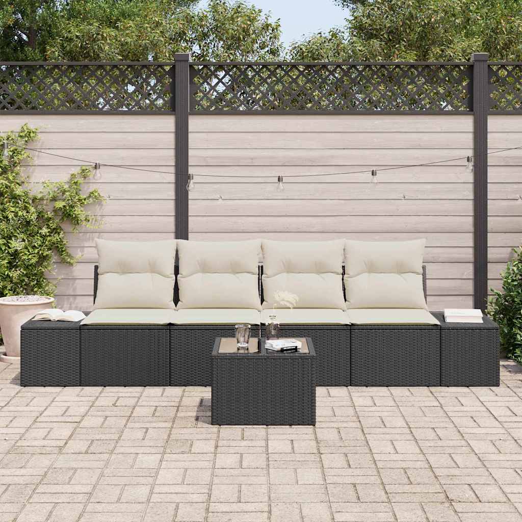 Sofa Set mit Kissen 5 pcs Schwarz und Creme Poly-Rattan