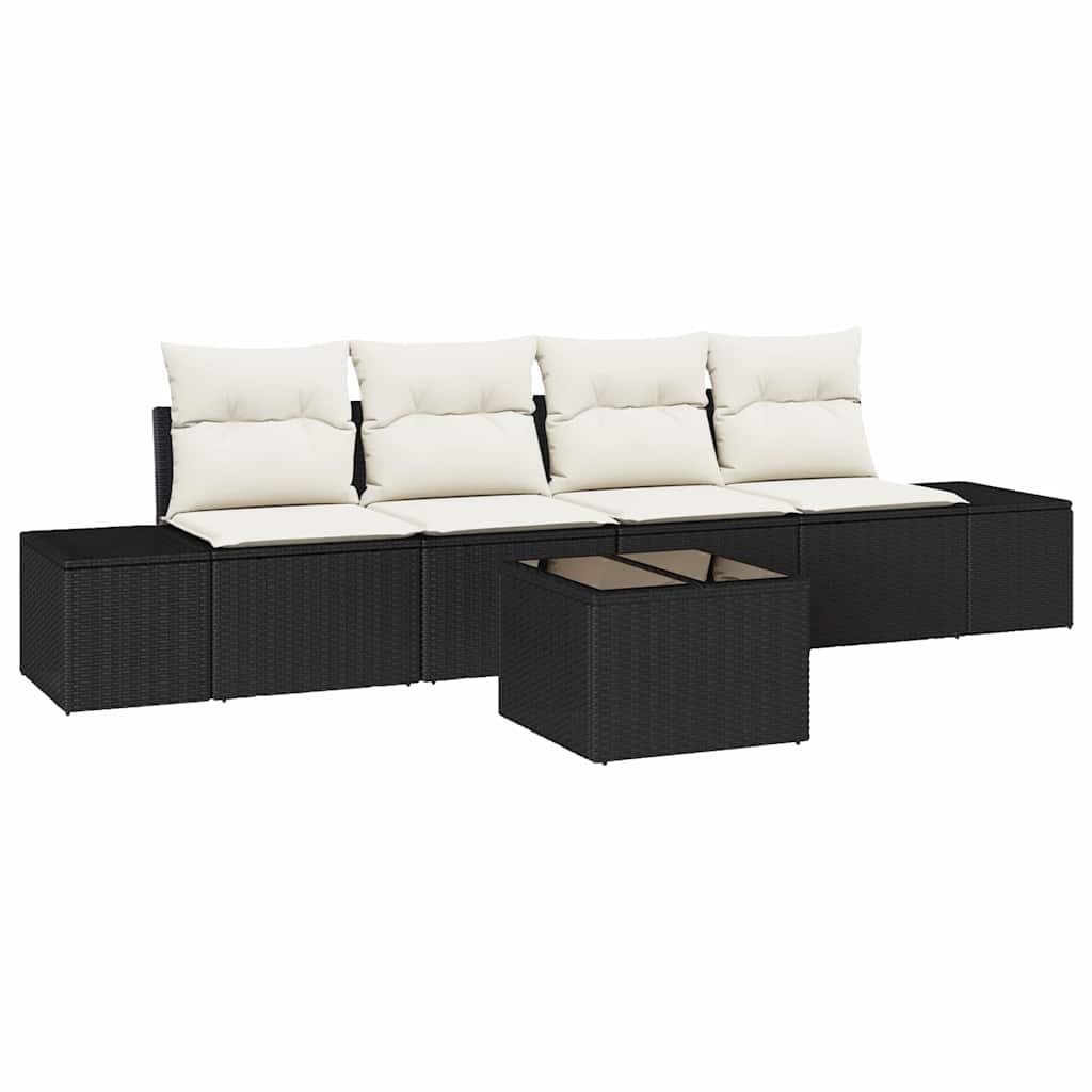 Sofa Set mit Kissen 5 pcs Schwarz und Creme Poly-Rattan
