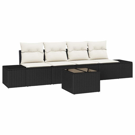 Sofa Set mit Kissen 5 pcs Schwarz und Creme Poly-Rattan