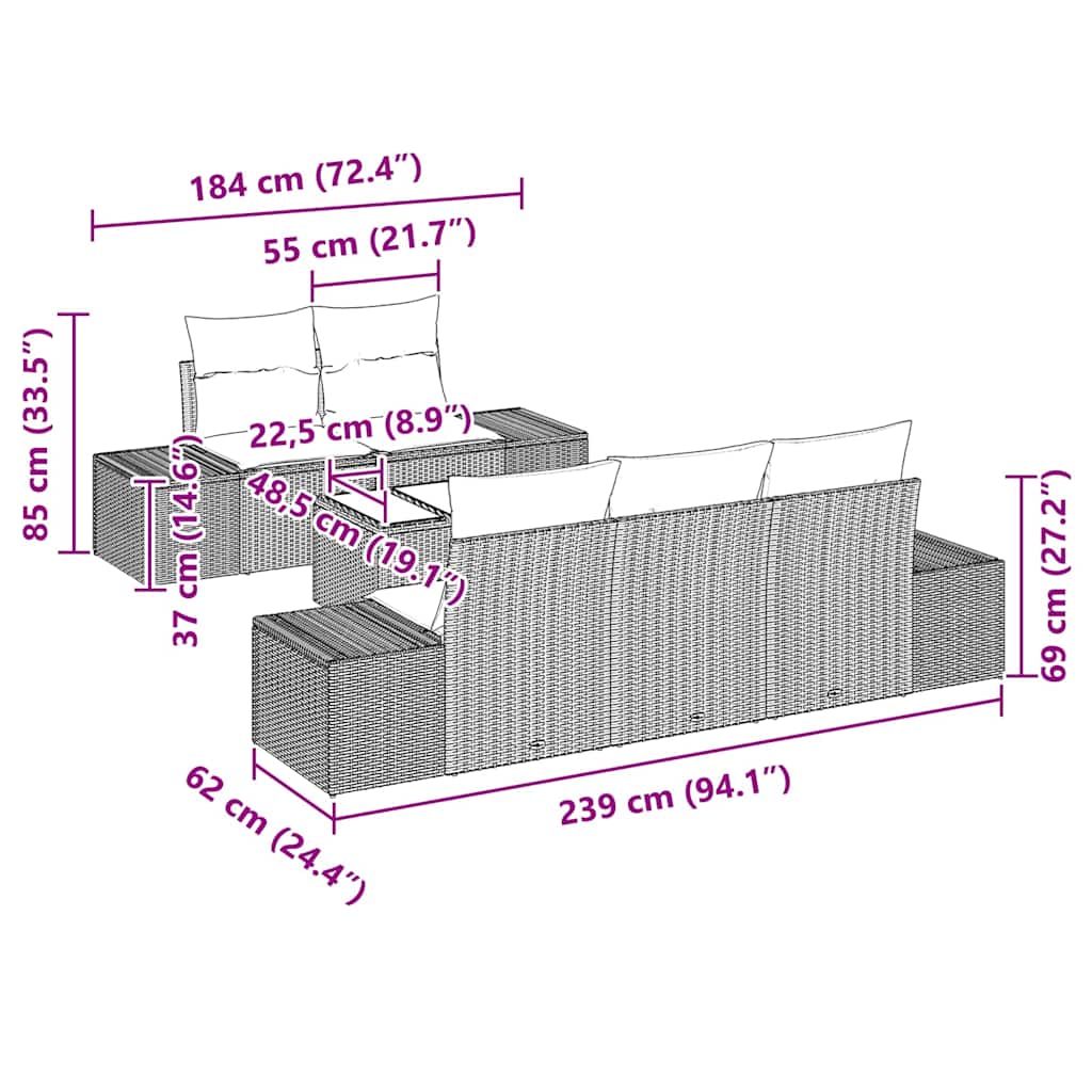 Sofa Set mit Kissen Schwarz Poly Rattan