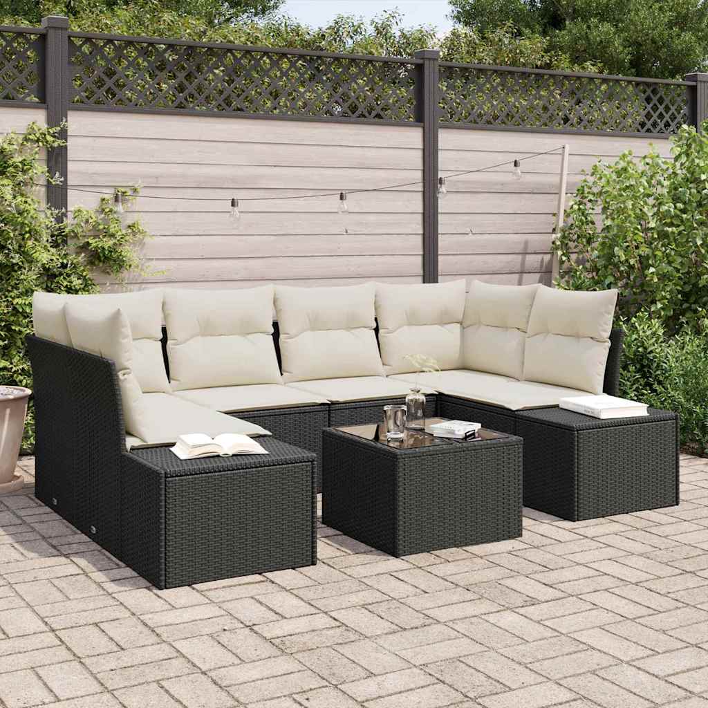 Garten-Sofa-Set mit Kissen 7 pcs Schwarz Poly-Rattan
