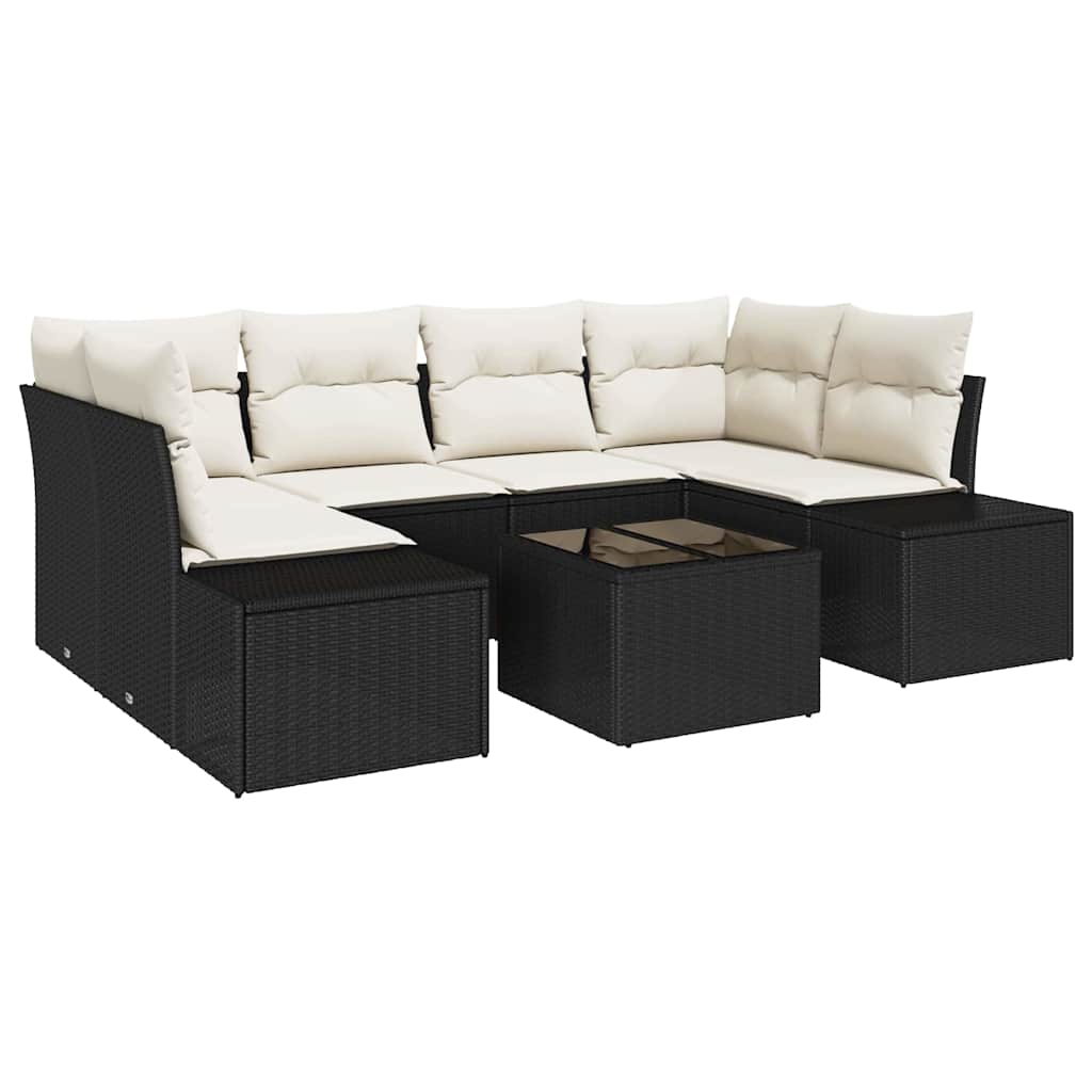 Garten-Sofa-Set mit Kissen 7 pcs Schwarz Poly-Rattan