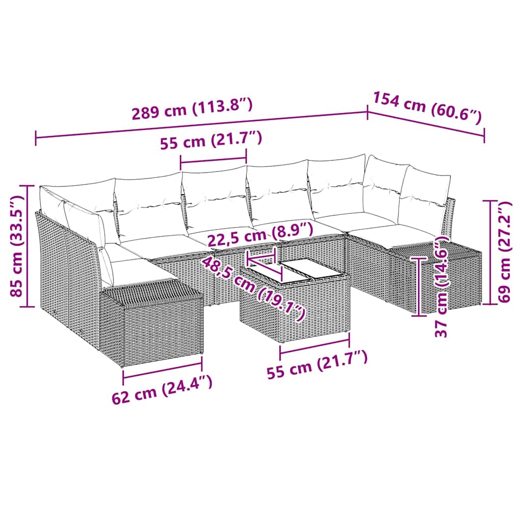 Sofa Set mit Kissen 8 pcs Schwarz Poly Rattan