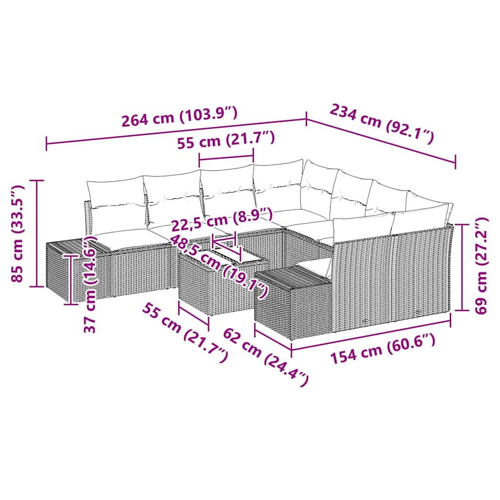 Garten-Sofa-Set 9 pcs Grau Poly Rattan